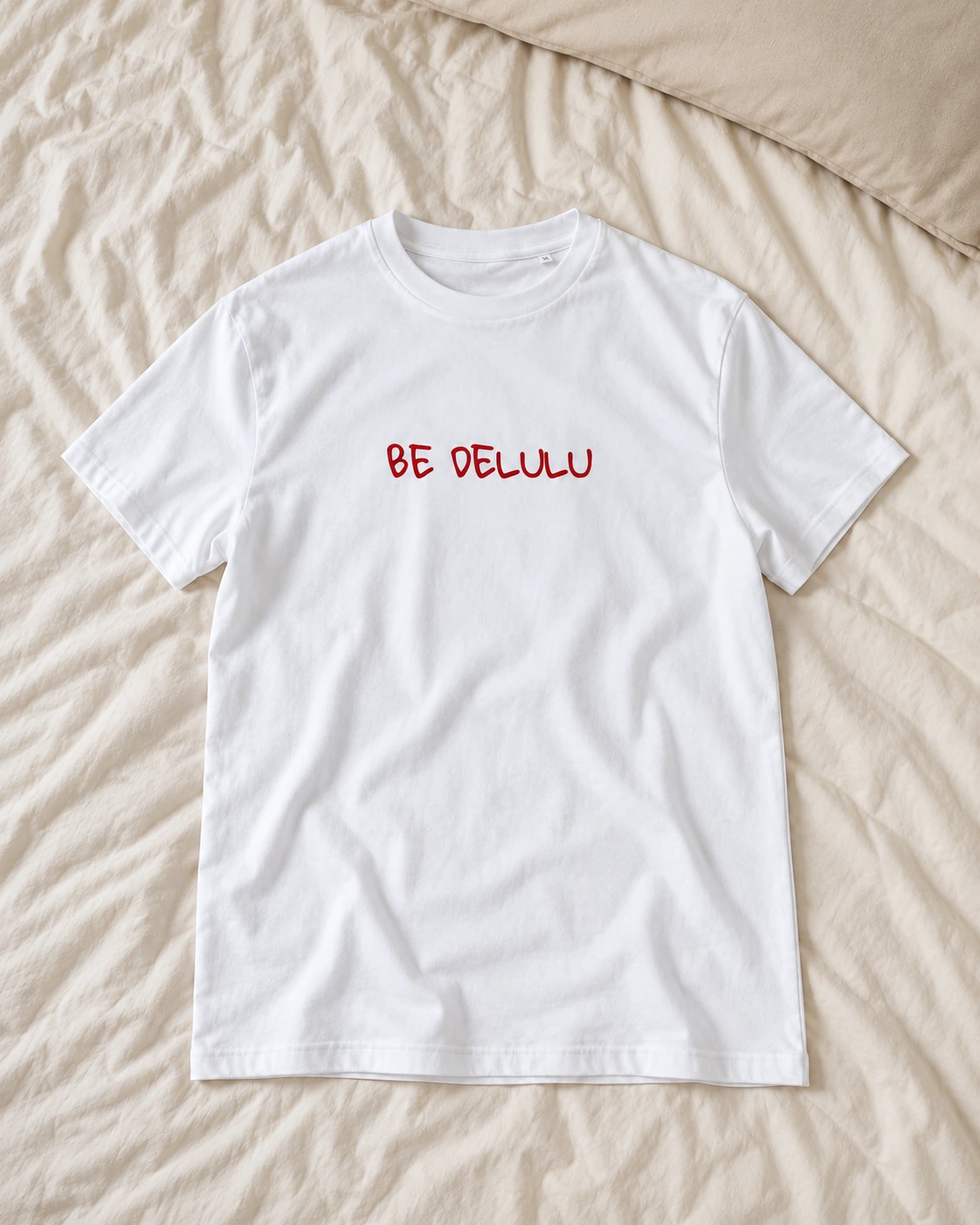 Balts T-krekls “Be delulu” uz gultas